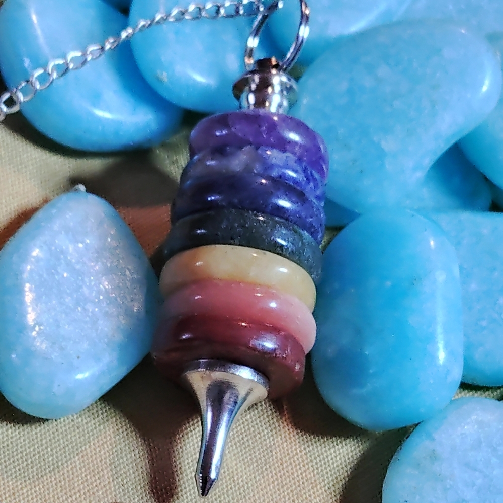 MULTI GEMSTONE  CHAKRA, DIVINING PENDULUM. CRYSTAL GRIP. 9 INCH TOTAL.